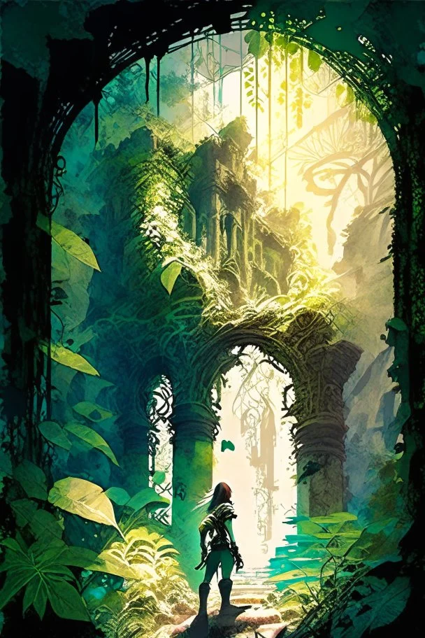 A captivating fantasy world with towering ancient ruins, covered in lush vegetation and overgrown vines, as nature reclaims what was once man-made, sunlight peeking through the cracks, creating a magical glow, an adventurer stands at the entrance, peering into the mysterious depths, eager to uncover the secrets within, Artwork, mixed media collage with a combination of hand-drawn elements and digital manipulation, --ar 16:9 --v 5