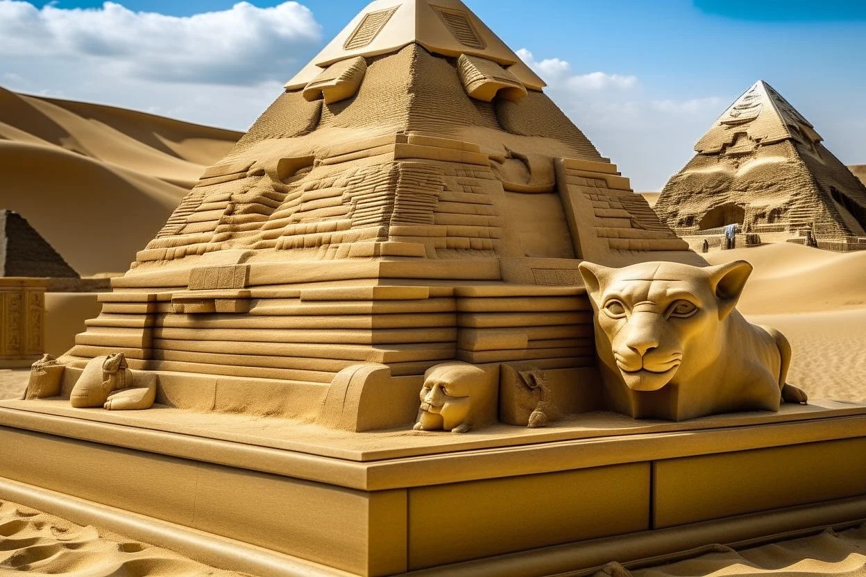 A tan sandbox with a sphinx and pyramid temples painted by Leonardo da Vinci