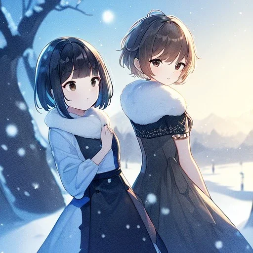 Clear focus, high resolution, Mihoyo Studio, Short crossed bangs, medium length back hair, snow in the background, small breast, black sparkling eyes