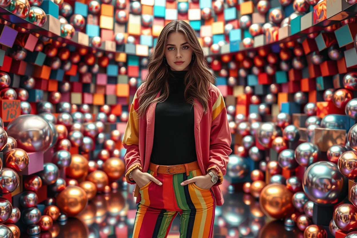 beautiful full body with todays modern clothing lady in surreal stage made of fractal random size spheres with helical strip colors in clothing similar to environment full body posing to camera,animating background metallic random color cubes