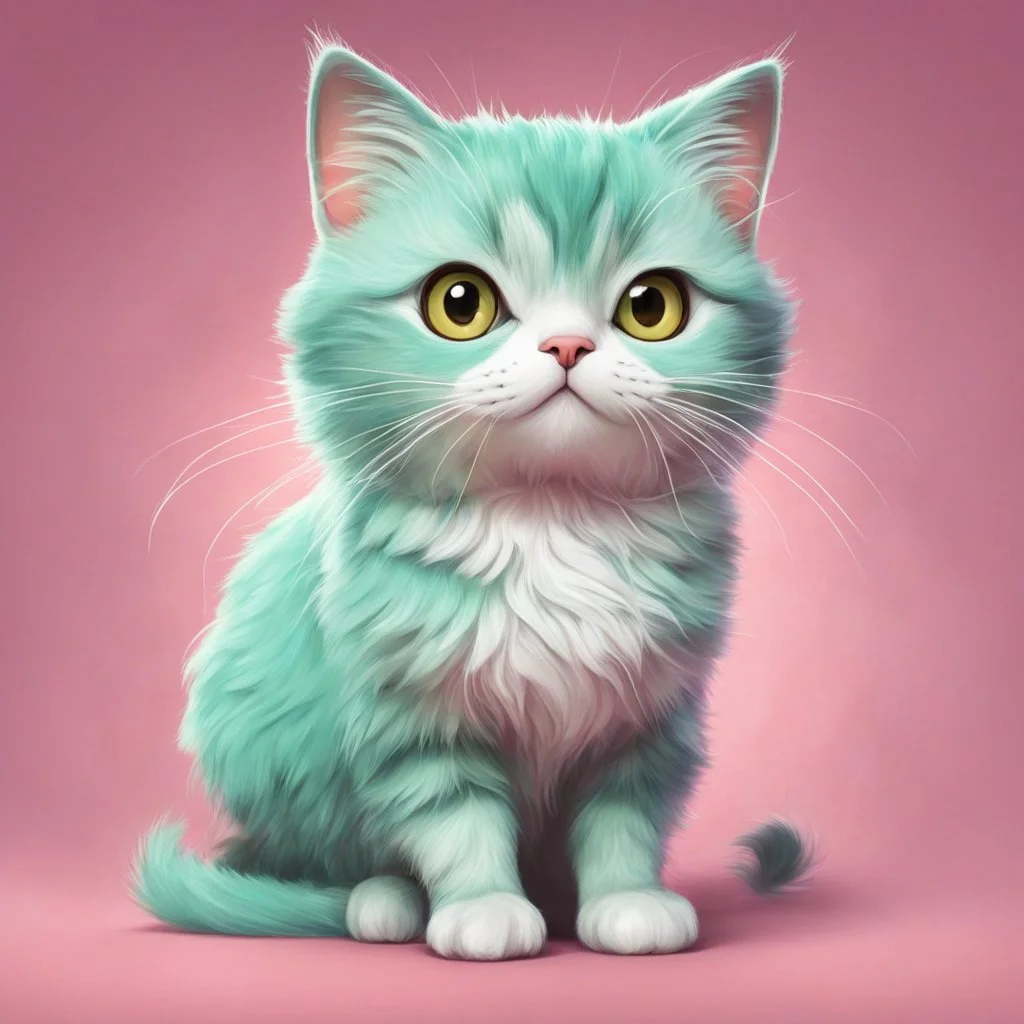 A delightful and adorable cartoon illustration featuring a cute mint-colored cat against a charming pink background, (delightful illustration:1.4), (adorable cartoon cat:1.5), (charming pink background:1.3), (expressive mint hues:1.2), inspired by the styles of cute cartoon artists, trending on ArtStation, Intricate, Sharp focus, vibrant lighting, (whimsical:1.4), (playful ambiance:1.3), (lush fur details:1.5), Cartoon, Masterful, Captivating, High Detail, Cinematic view