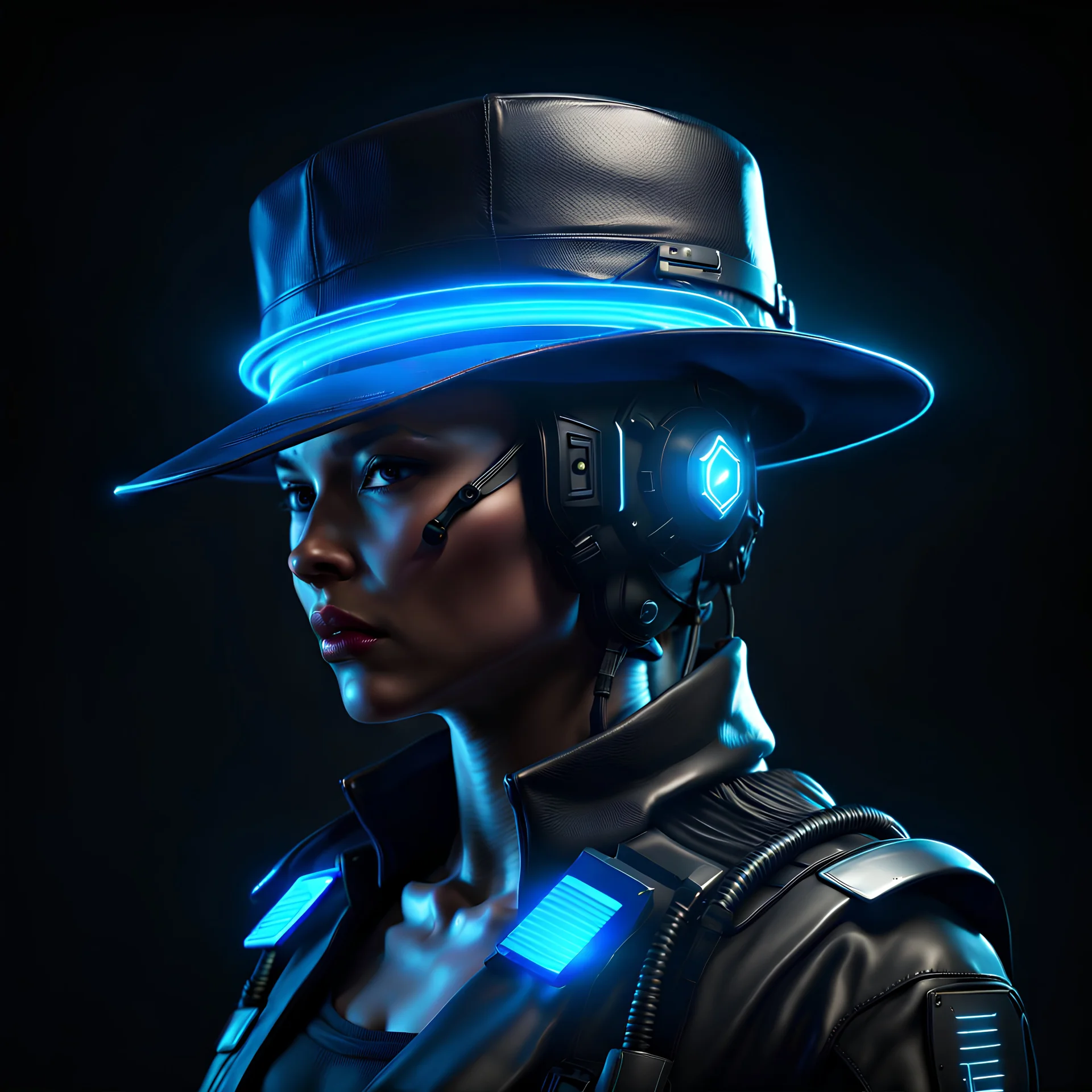 simple cyberpunk hat, blue lighting, black background, video game asset