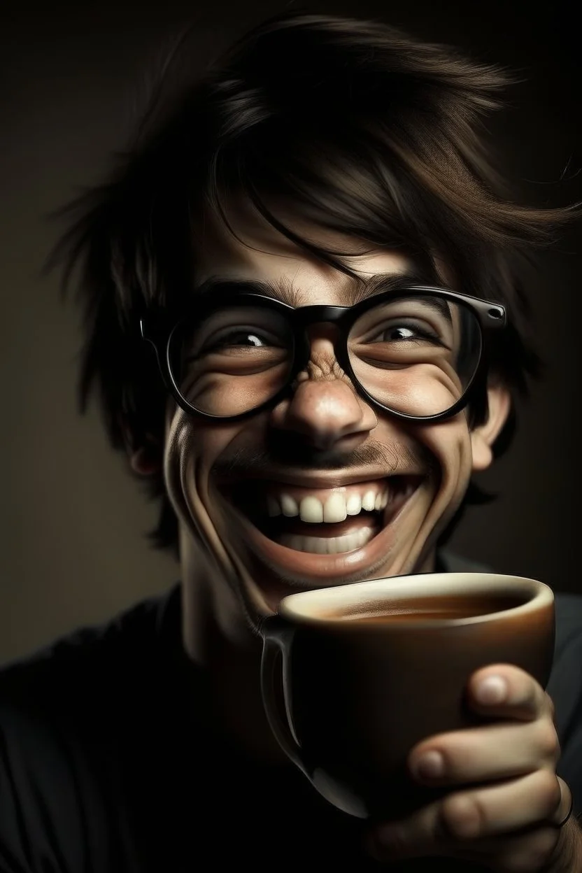 cut of cup hair glasses braces dark laugh perverted face drinking yerba mate