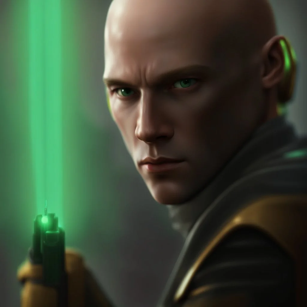 star wars bald male corellian jedi pilot wearing black and olive drab old republic armored flightsuit with gold trim inside the jedi temple holding a lightsaber with viridian green blade in left hand, centered head and shoulders portrait, hyperdetailed, dynamic lighting, hyperdetailed background, 8k resolution, volumetric lighting, light skin, fully symmetric details