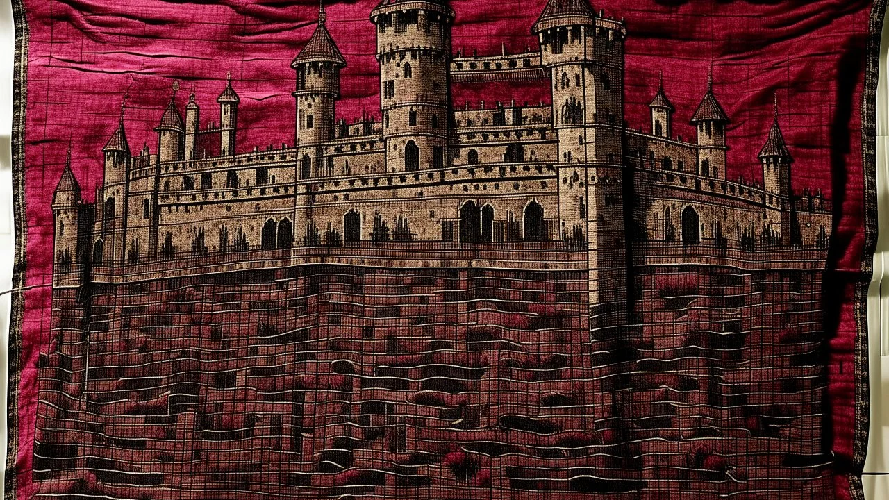 A dark magenta spike filled fortress made out of iron designed in medieval tapestry painted by Michelangelo di Lodovico Buonarroti Simoni