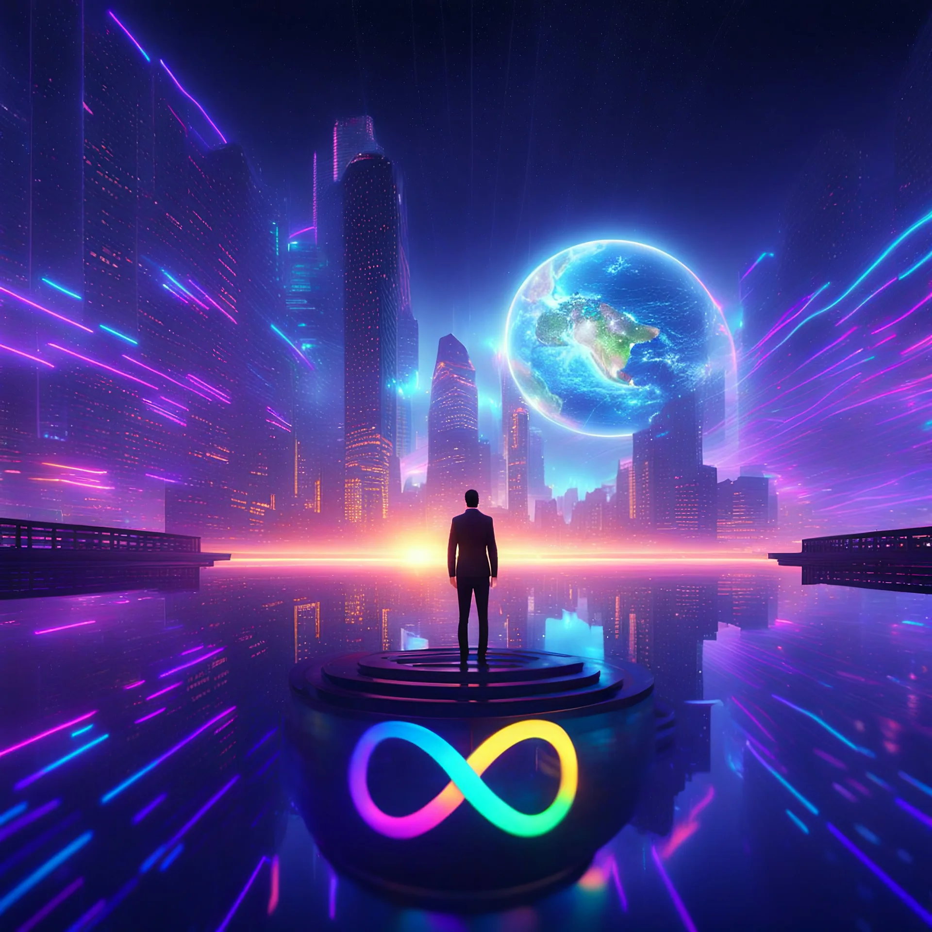 3D infinity symbol ∞, infinity figure-of-eight symbol is totally-symmetrical and brightly coloured, man silhouette facing epic scene of building, glowing earth, water, network and lights, exotic, inspiring, fantasy, neon, friendly, beautiful, octane render, 8k post-production, artstation: award-winning: atmospheric: commanding: fantastical: clarity: 16k: ultra quality: striking: brilliance: liquid medium: stunning colors: amazing depth; lens: f/8, 28mm