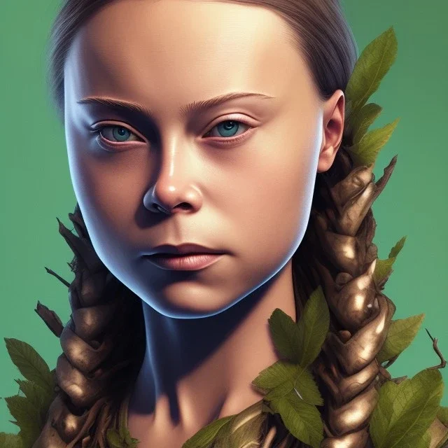  Greta Thunberg portraitfull face tattoo of leaves and gnarled branches extending past face and morphing into reality, 8k resolution, high-quality, fine-detail, muted colors,intricate, digital art, detailed matte, volumetric lighting, illustration, octane render