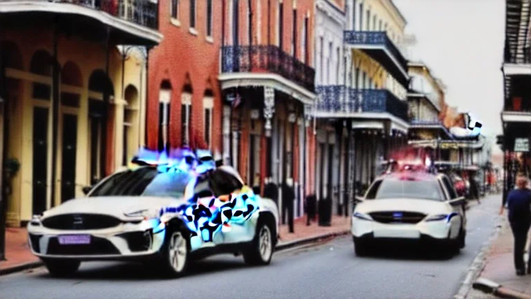 A police Tesla Cybertruck is chasing a Tesla 'Model S Plaid' at top speed, across the 'French Quarter' in New Orleans, Louisiana. CINEMATIC. WIDE ANGLE LENS.