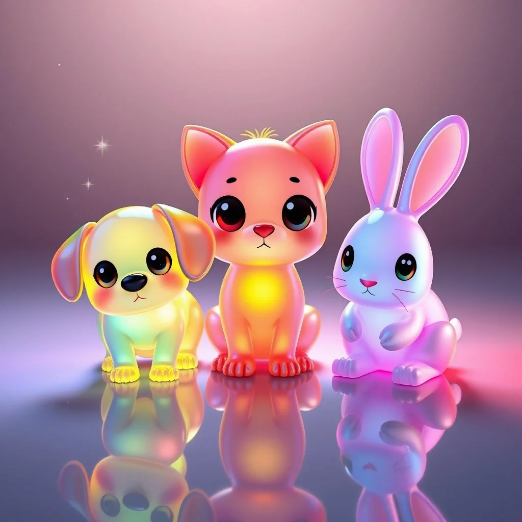 Adorable colored translucent 3D trio — a small dog, a cat, and a rabbit — in cute chibi proportions, made of glowing jelly-like glass material, soft pastel and neon color gradients, big expressive eyes, sparkles and light particles floating around them. Playful studio lighting, soft shadows on a reflective surface, Pixar-style render, cinema 4D, redshift, ultra-detailed, 4k.