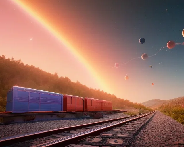 train on a rainbow track in outerspace, planets in the background, steam bubbles from chimney, galaxy