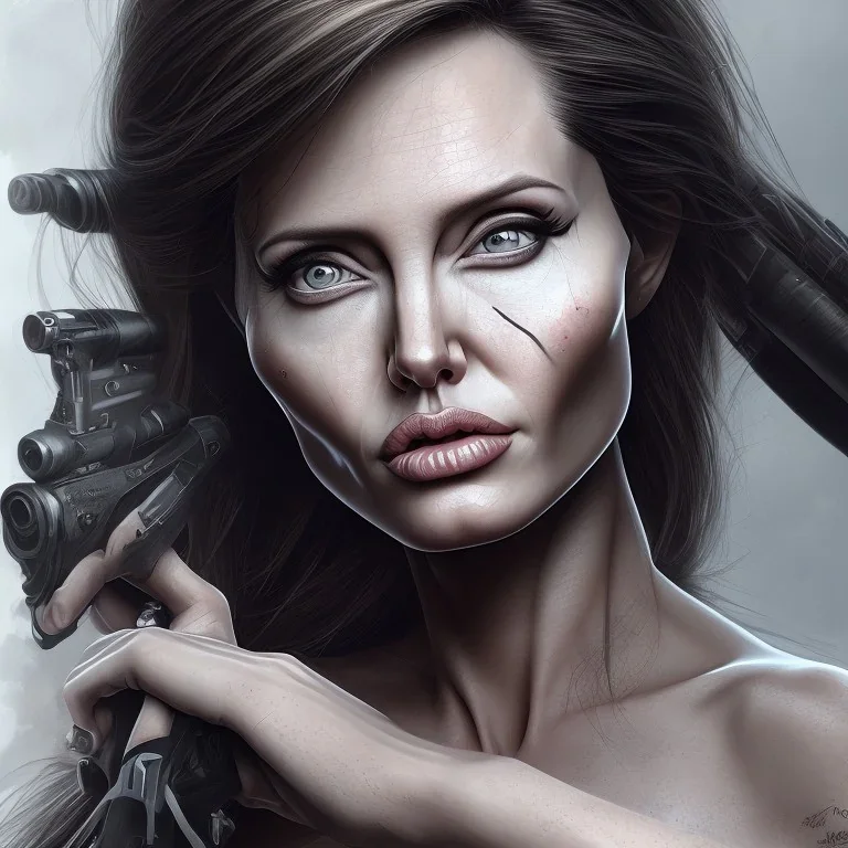 portrait Angelina Jolie gun long hairs big bobs Tomb Raider