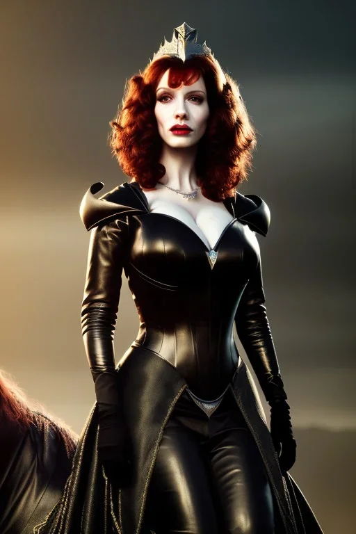 christina hendricks as evil queen in black leather gown on a horse, angry, stern look, volumetric lighting, particales,highly detailed,cinematic, deep colours,8