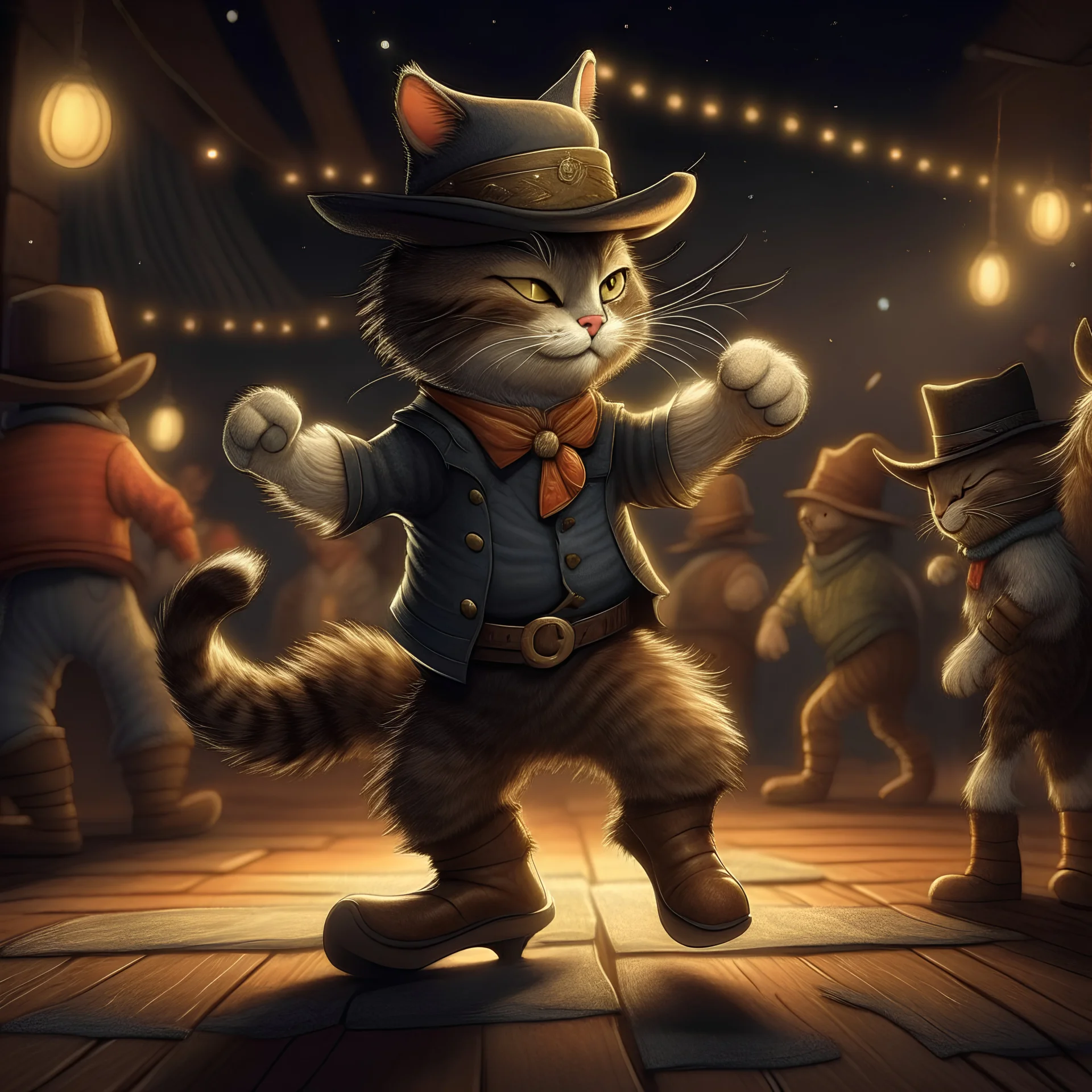 imagen del "el gato con botas" con sombrero y botas bailando en la batalla de baile en una noche