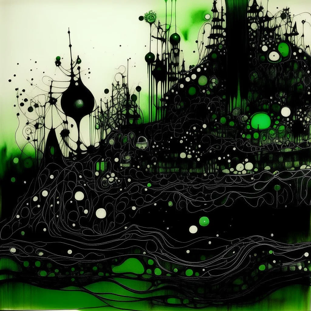 Negotiating dream frequencies, ink illustration, Green and black color scheme, unsettling art
