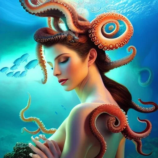 high-quality, fine-detail portrait of gorgeous, stunning goddess with octopus as hair, coral reef exoskeleton, underwater, 8k resolution, 3D octane render, intricate, digital art, detailed matte, volumetric lighting, George Grie, Anne Dittman, Anne Stokes, Lisa Parker, Selina French,