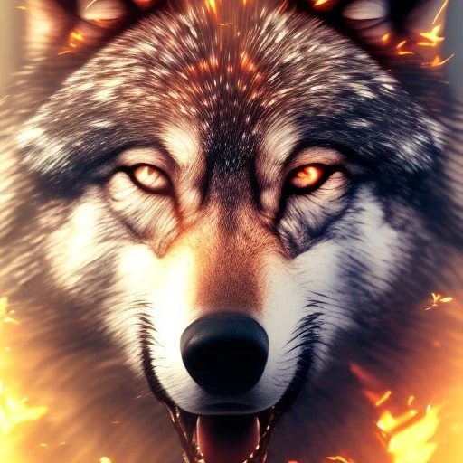 wolf, fire, brown, forest, masterpiece, expert, 8K, hyperrealism, sharp focus, cinematic lighting