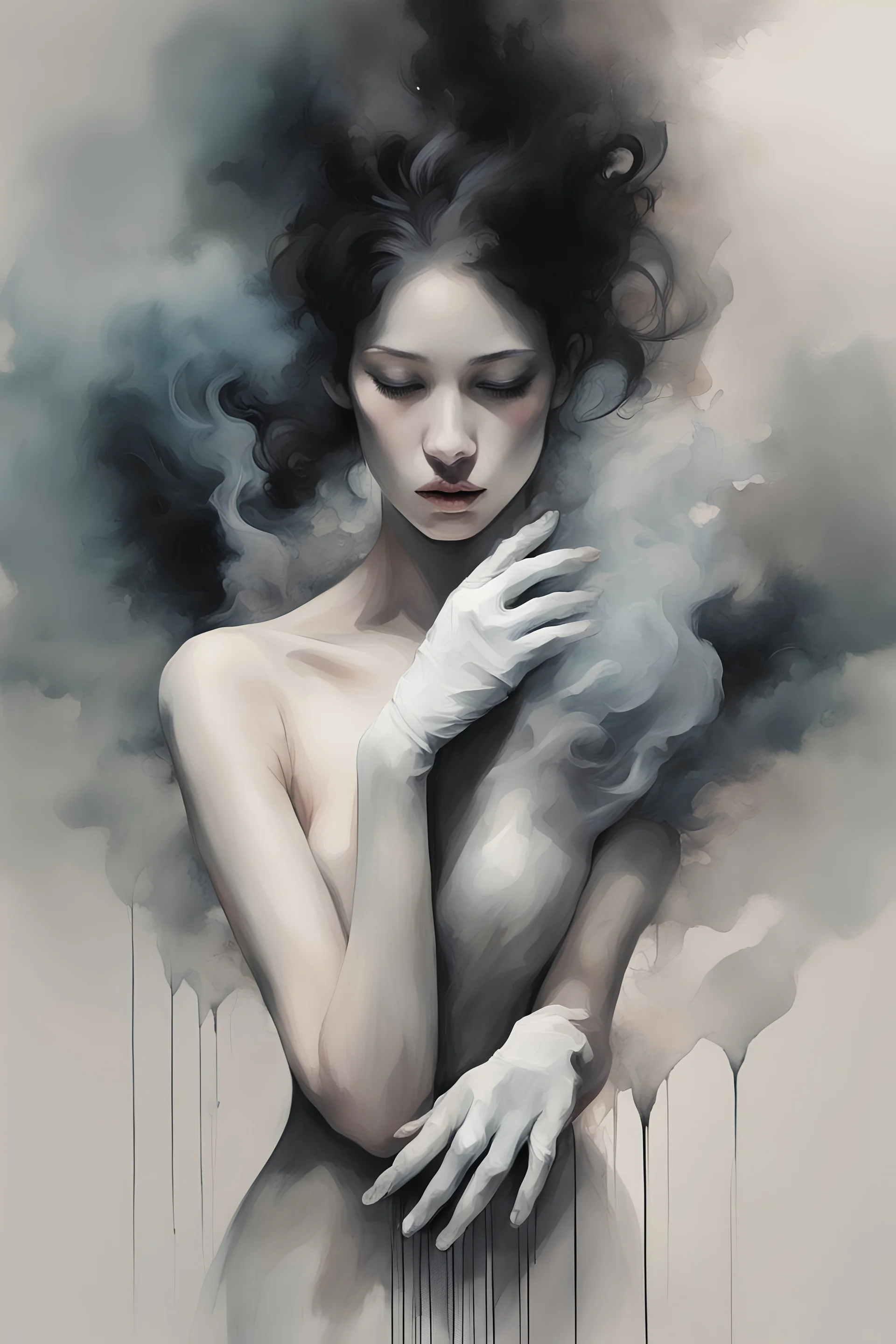 white smoke artistically takes the form of gloves by Ryohei Hase, Agnes Cecile, Raymond Swanland, Anne Bachelier, pastel smoky texture in hues of tranquility, an embodiment of minimalism with a stroke of simplicity, evoking serenity against a backdrop, black shimmering, fantasy art, backlit