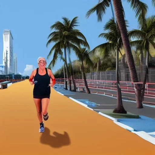  old Sonia Lombardi happily running a marathon on Miami beach, full body, about to cross the finish line, photo realistic, 8k, realism