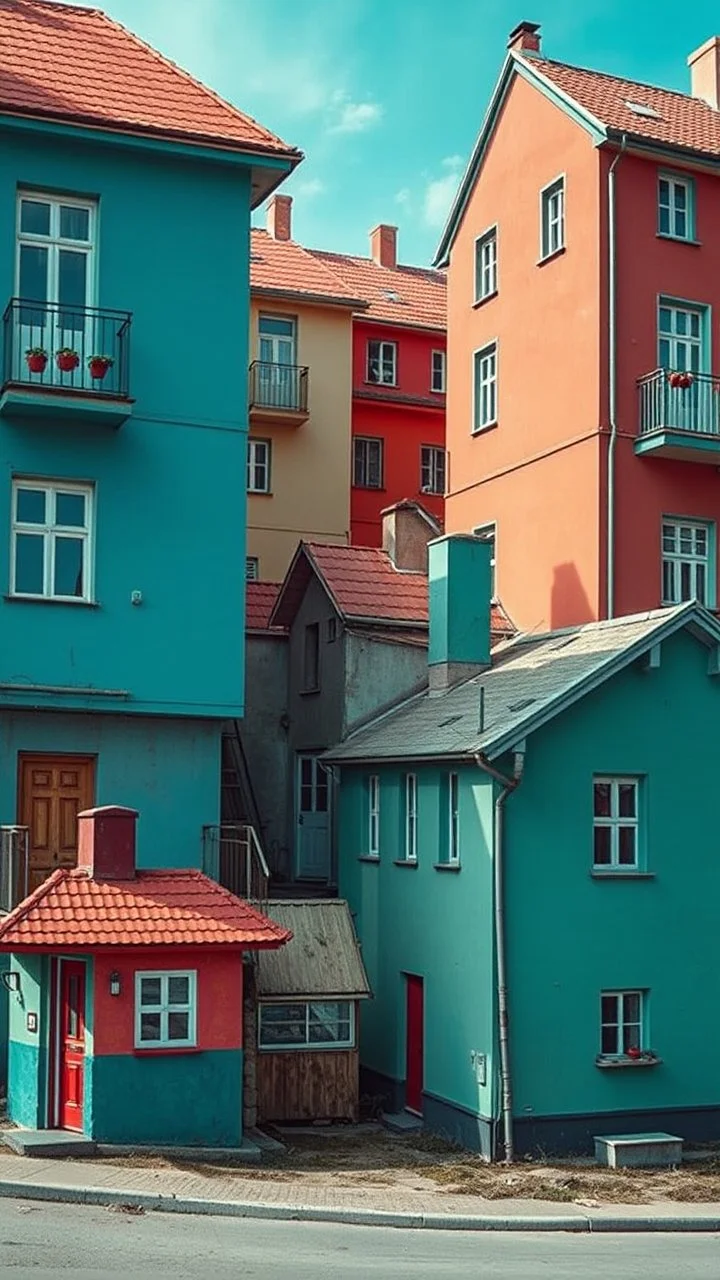 Fotografia di strada random assurda e falsa orripilante Moldavia Transnistria Adighezia weirdcore dai colori vivaci. Non luogo falso, inusuale. Max Ernst. Le case sono false e dipinte di chiaro con cose stilizzate e dettagli. Ci sono strane. , che danno un senso distopico e molto surreale, disposte in modo casuale. L'atmosfera generale sembra noiosa e onirica, con un contrasto tra elementi reali ed elementi dipinti falsi, René Magritte