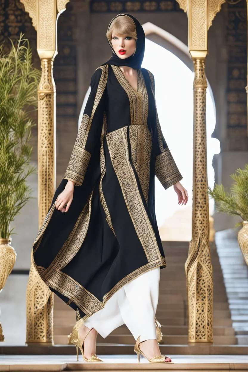 Taylor swift wearing hijab islamic culture dress black Moroccan caftan 4k golden patterns high qualité