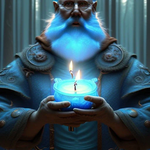 top down medium close up of blue robed water monk with long beard, frozen candle light, Dark fantasy concept art, dynamic lighting, Intricately detailed, Splash screen art, deep color, Unreal Engine, volumetric lighting, blue flowers, moss, leather, creek, flowing water, fantasy dark forest artwork,back light, stone pillars