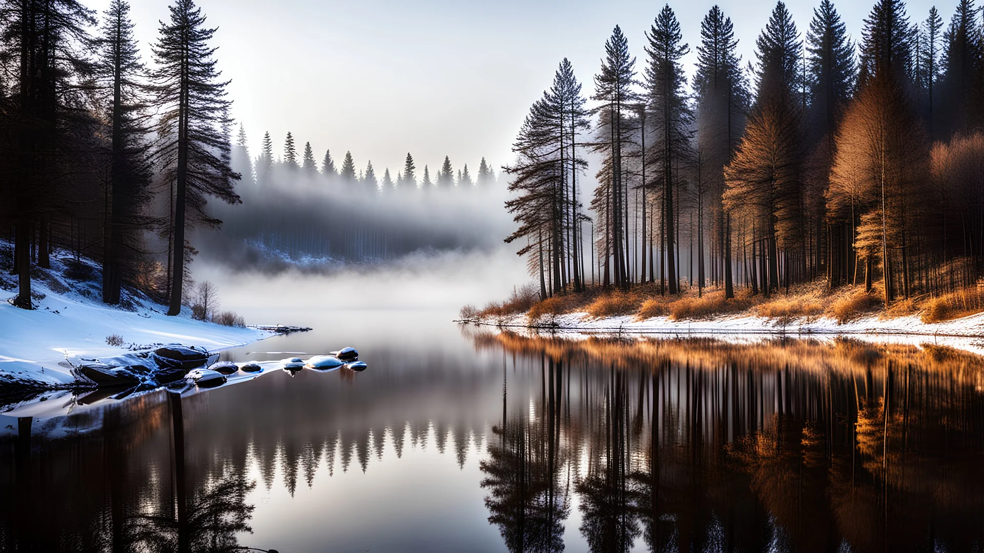 fir forrest,lake side,mist shadows,winter season,brown colors,reflections,dramatic scene