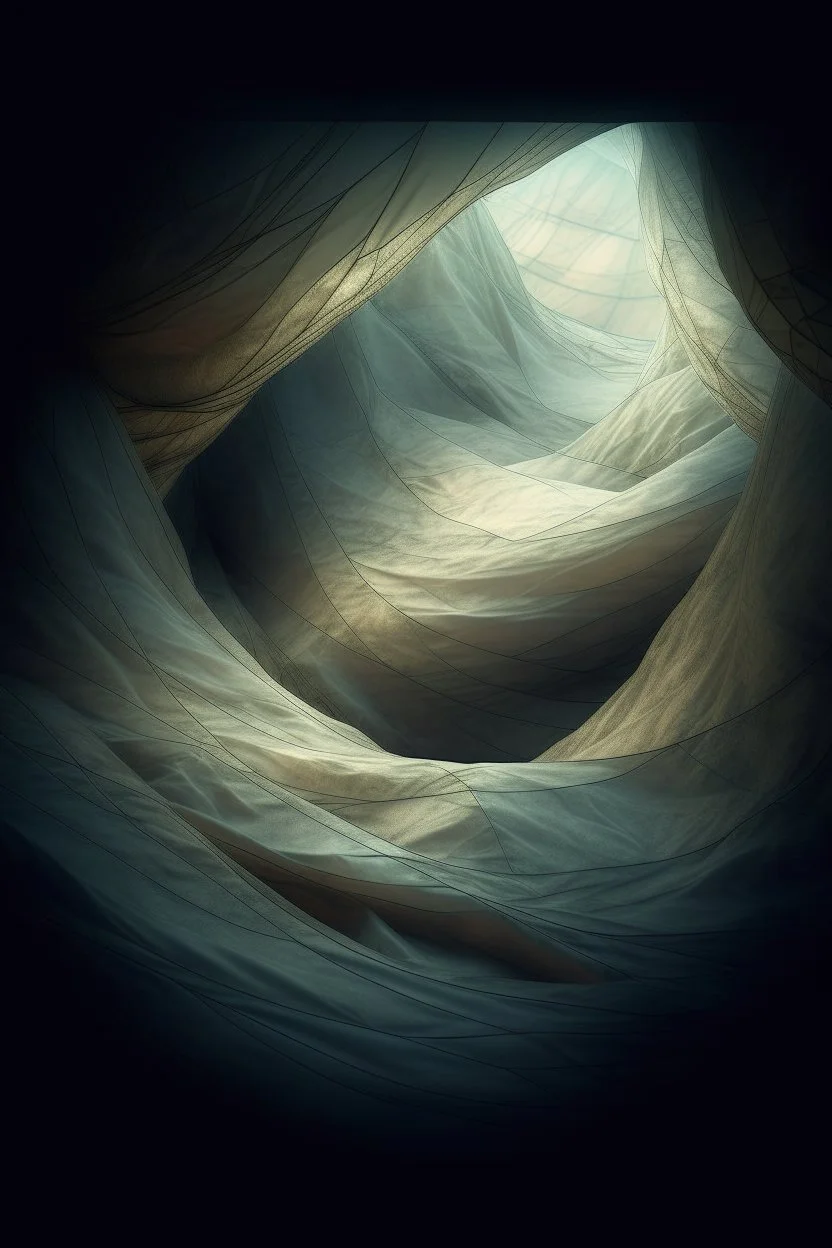abstract surreal composition suggesting secrecy and quiet discovery, half-lit shadows, textures of silk and stone, faint glimmers of light seeping through cracks, muted cool color palette, soft haze and depth, mysterious yet inviting mood --ar 3:2 --v 6.1