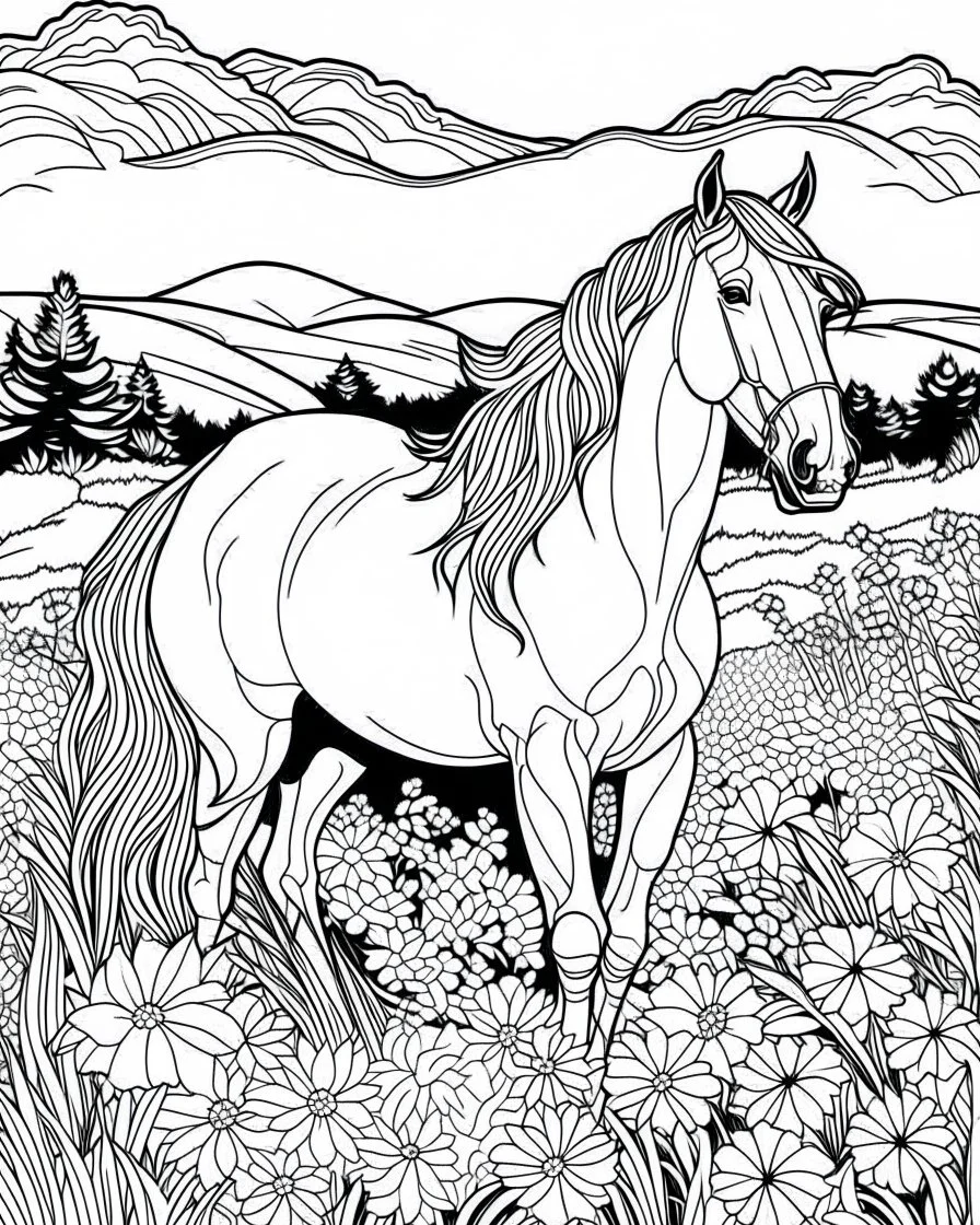 A horse with a flowing mane visiting a meadow. coloring page