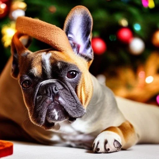 Portrait of a french bulldog with brown fur celebrating new year and christmas and whishing all the best