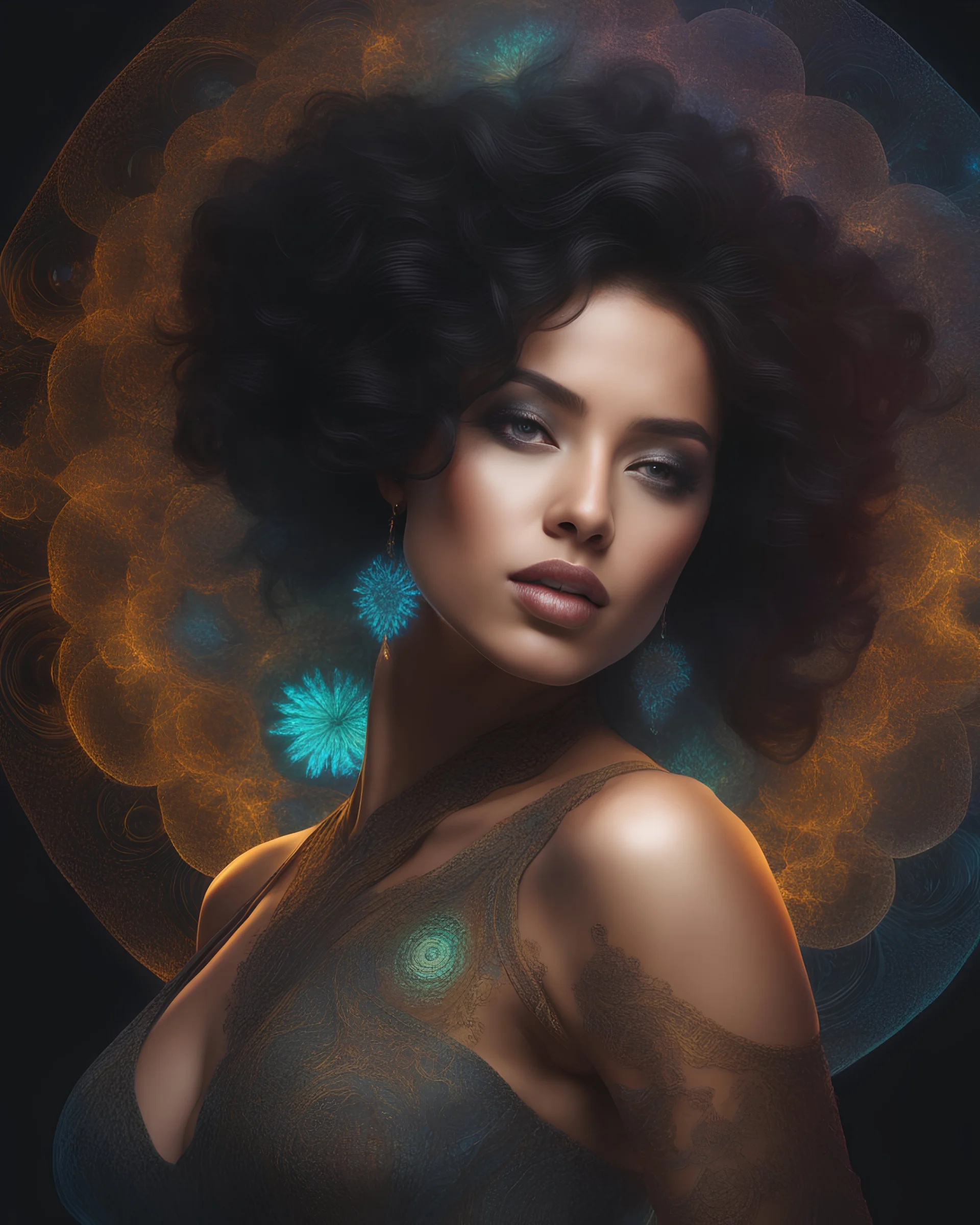 Intricate image of a beautiful woman with translucent fractal bioluminescent skin in a dancers pose, hyperdetailed face, hyperdetailed eyes, focus on eyes, UHD, flowy black hair, bacteria art elements, colorful rendition,