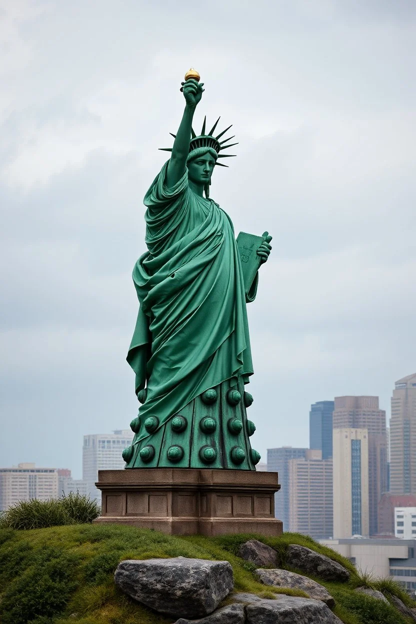 an old green Dalek dressed as the statue of liberty on Satin Island