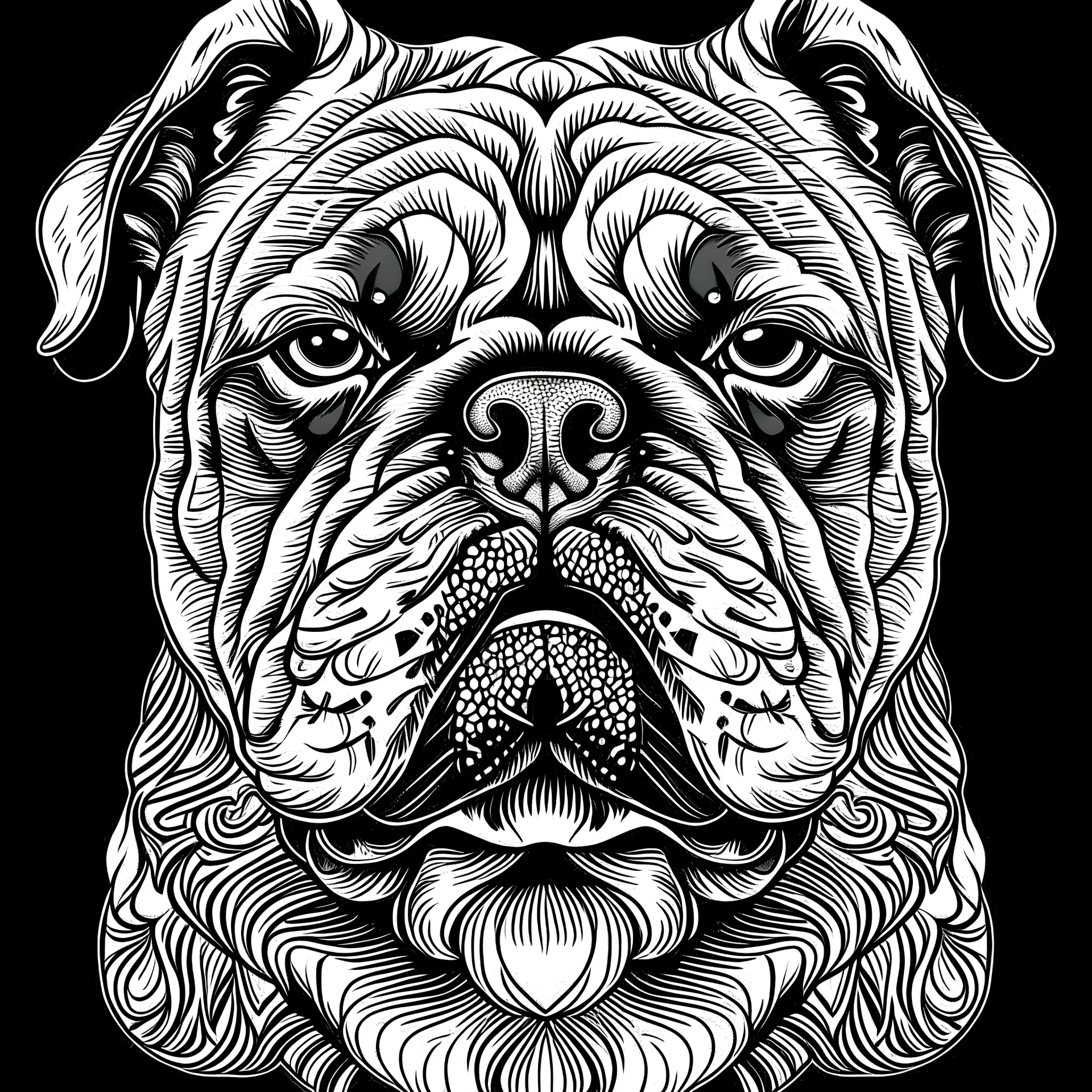 A line art of a dog (Bulldog). make this black and white and a bit filly. make the small image.