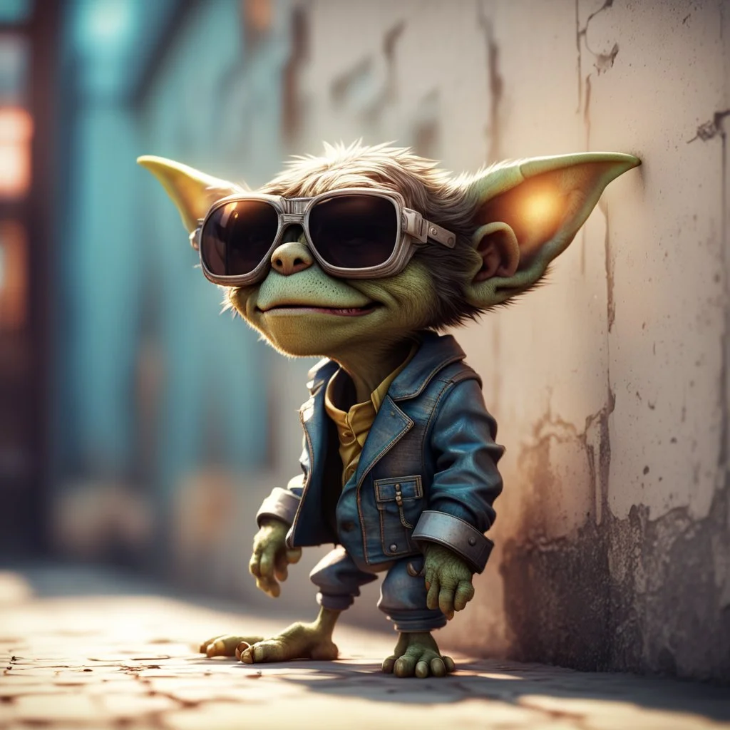 pen outline, cool pimp gremlin leaning against a wall, wearing flip down sun glasses, in the style of a fallout 4,bokeh like f/0.8, tilt-shift lens 8k, high detail, smooth render, down-light, unreal engine, prize winning