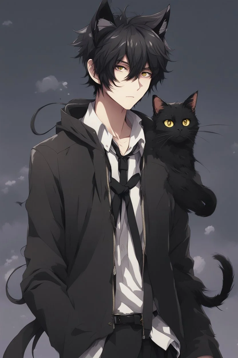 A male anime man with messy black hair, large black cat ears and tail