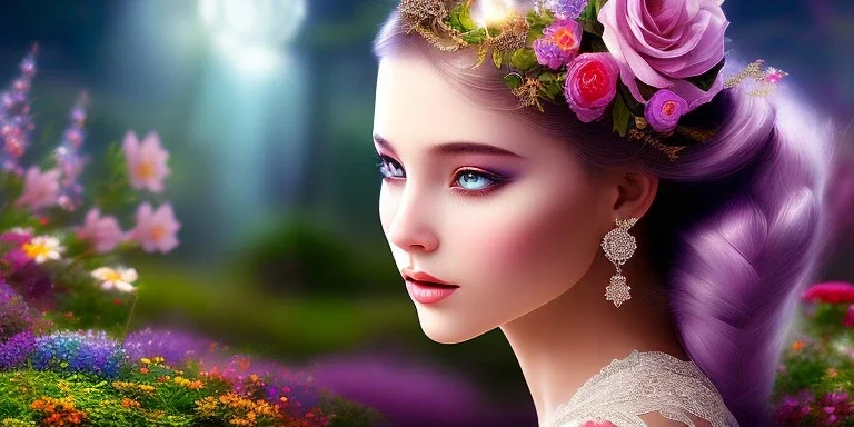 bright fairy, beautiful portrait, flowery landscape