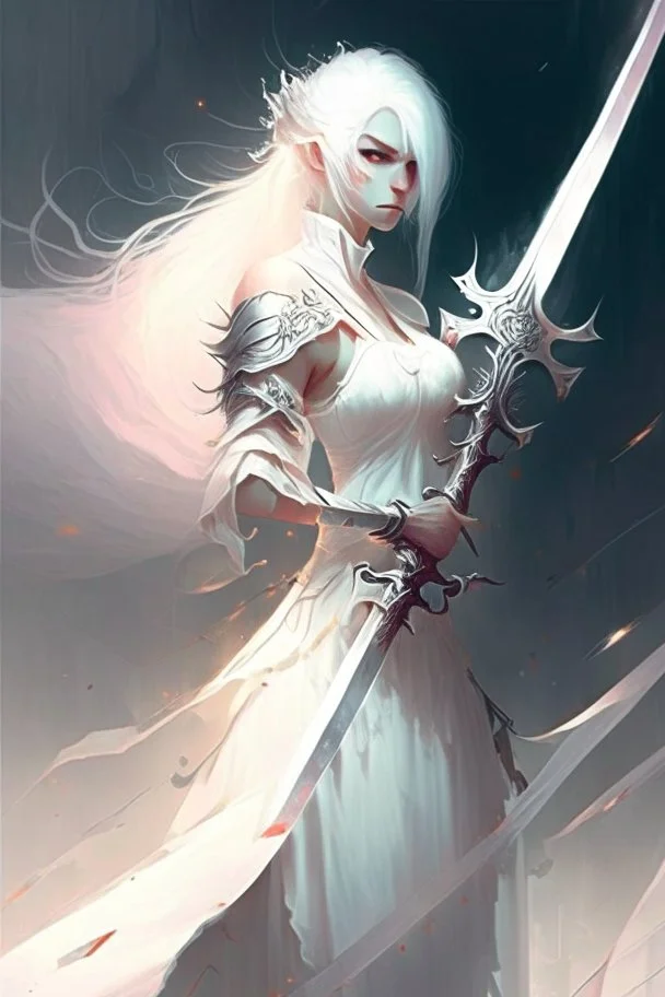 Warrior, wielding a long sword, in a white dress, white hair, shortt hair, cybernetic eyes, standing in mists, Female, dark art, Ivory Peach skin, cute