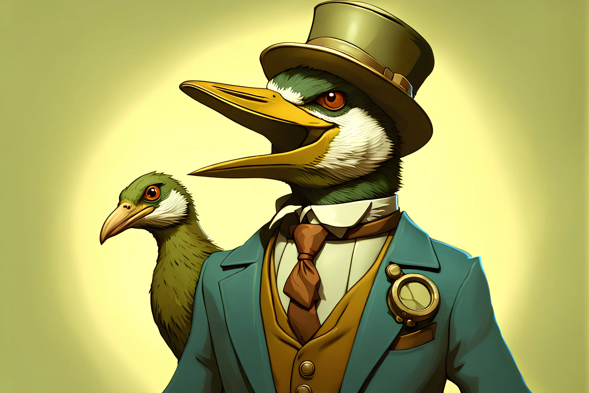 there is a bird wearing a hat and a coat with a tie, lofi steampunk bioshock portrait, anthro portrait, heron prestorn, dungeons and dragons style, inspired by Moebius, beautiful 3 d rendering, laughing groom, human-animal hybrid, jake parker