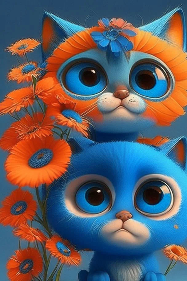 Blue and orange chibi pixar cats with big lifelike eyes and flowers