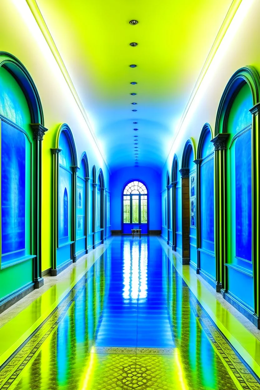 An exhibition of paintings whose walls are in the shape of an oval and made of blue glass and its floor is light with a wall in the middle of the hall to divide it into two parts with a corridor at the beginning and end of the wall