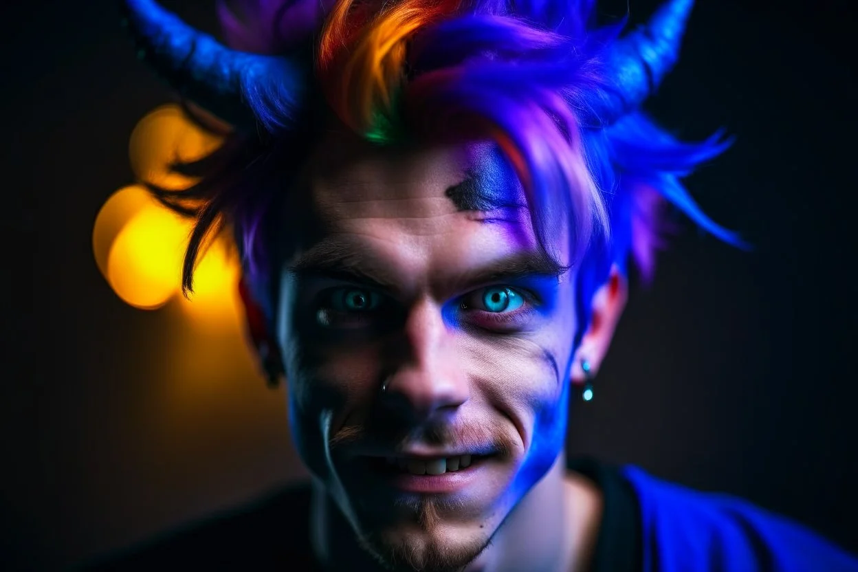 Young man with demon horns, fangs, messy purple hair and blue eyes