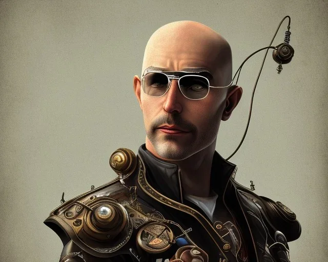 Personnage chauve comique, look steampunk, gaffeur, animateur radio, fan de hard rock