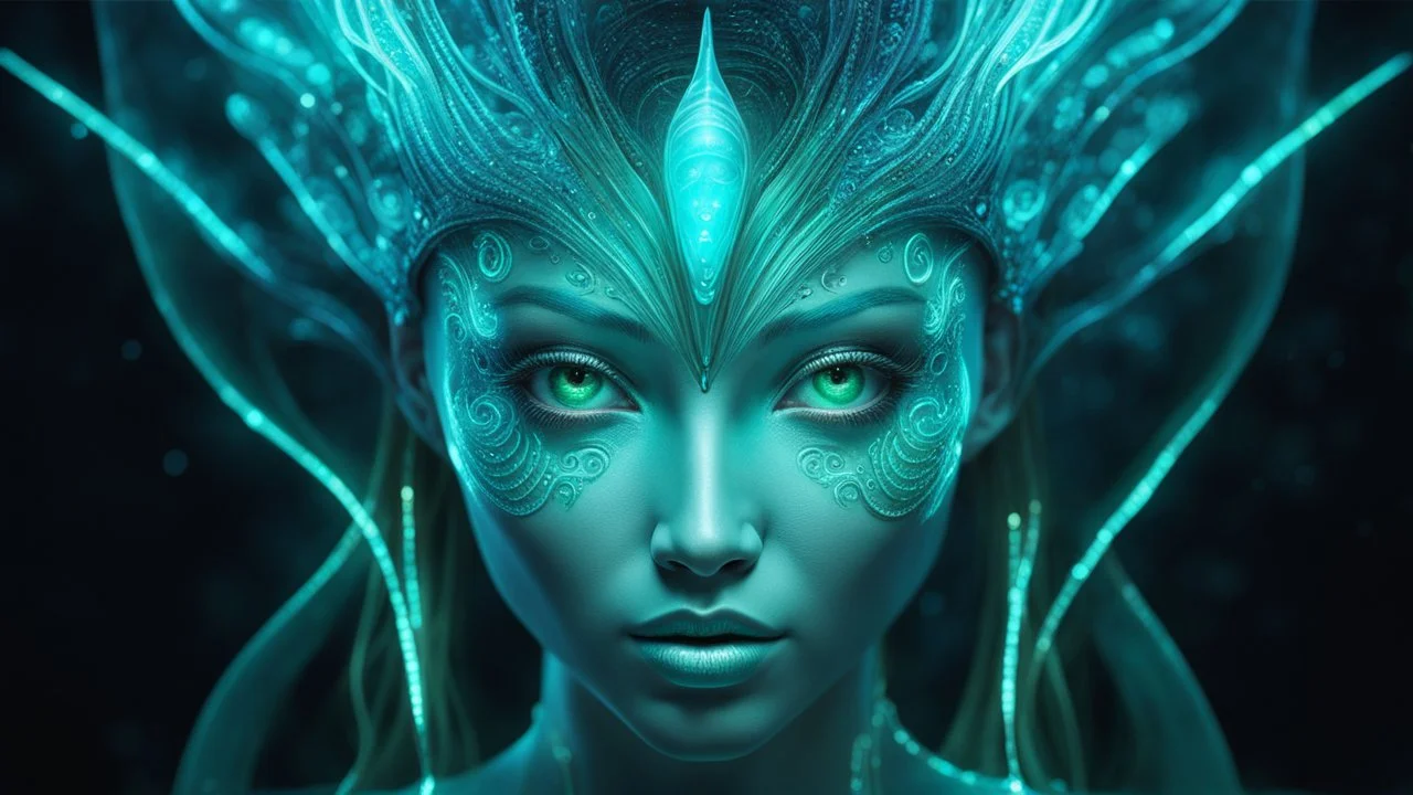 The photo features a bioluminescent and bioluminescent art style depicting a divine female alien god. Bioluminescent moist translucent glowing skin, ethereal glowing eyes, extra long neck, medium front third eye, large head fins and ear fins show off a charming, perfect face in ultra-realistic detail. The composition imitates a cinematic film with dazzling, gold and silver lighting effects. Intricate details, sharp focus, crystal clear skin create high detail.