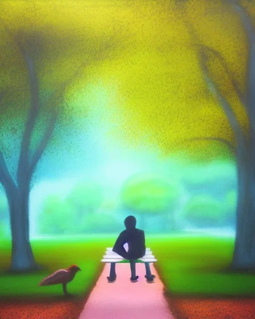 park mystical dream, park bench, man, woman, child, dog, trees, path, bird, sunshine, mystical, fantasy, romanticism, pastel colors, daylight, daytime, acrylic painting, detailed, soft focus,