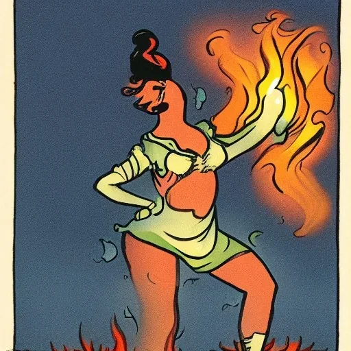 a busty female folk hero dancing by a bonfire