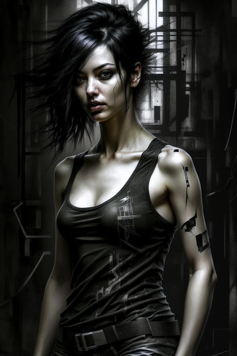 pretty girl, aged 15, black hair, dystopia, athletic, digital art, black bodysuit