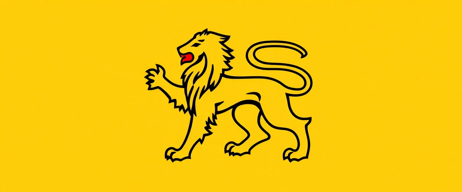 heraldry Lion, full body , black outline and red interior on yellow background, simplified vector logo