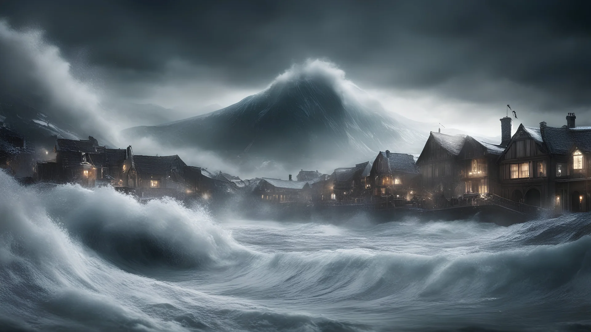 Photoreal magnificent polar ice tsunami huge towering wave drowns medieval town near at night by lee jeffries, otherworldly creature, in the style of fantasy movies, photorealistic, shot on Hasselblad h6d-400c, zeiss prime lens, bokeh like f/0.8, tilt-shift lens 8k, high detail, smooth render, unreal engine 5, cinema 4d, HDR, dust effect, vivid colors