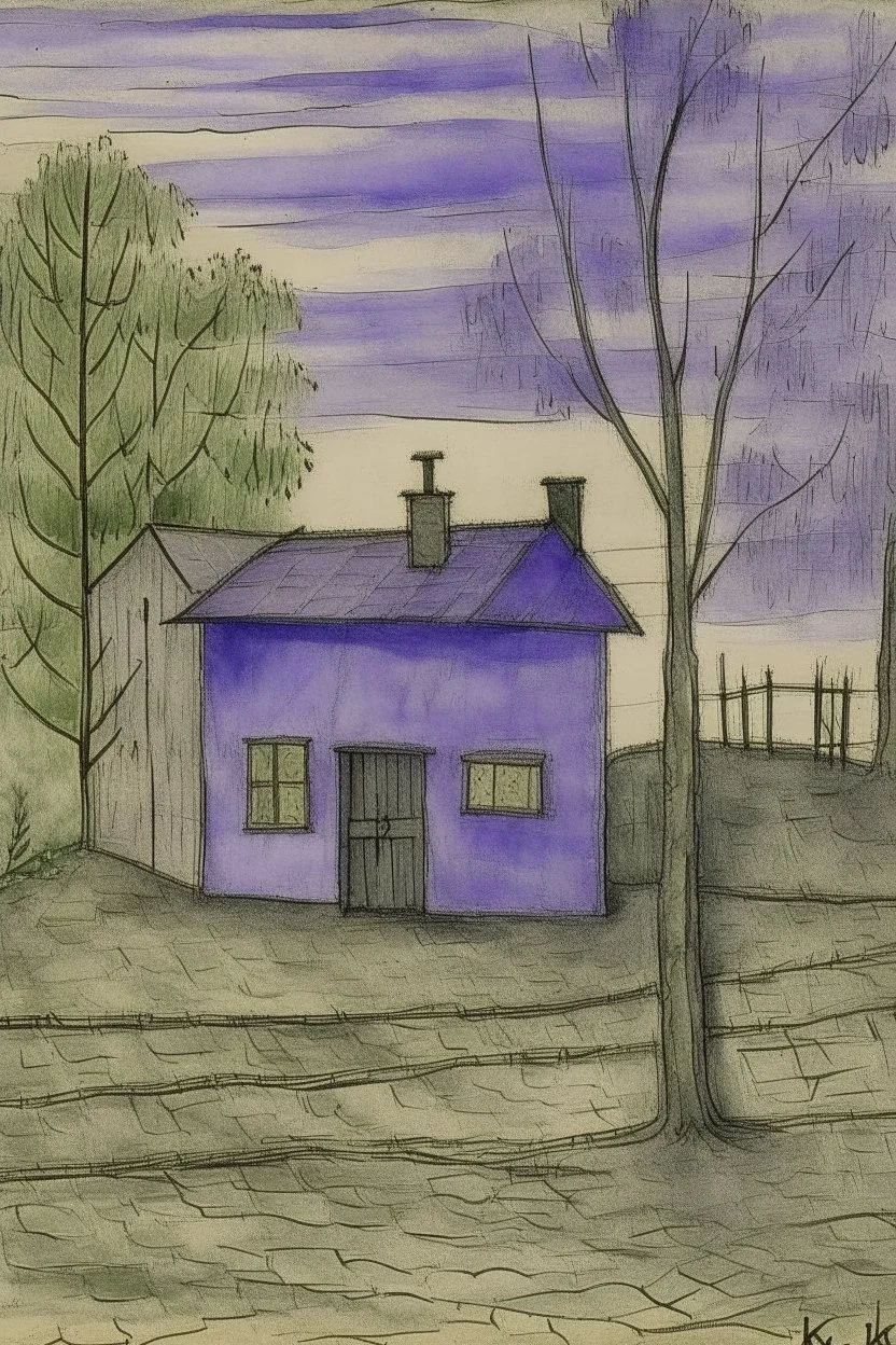 A grayish purple rickety house near a graveyard painted by Paul Klee