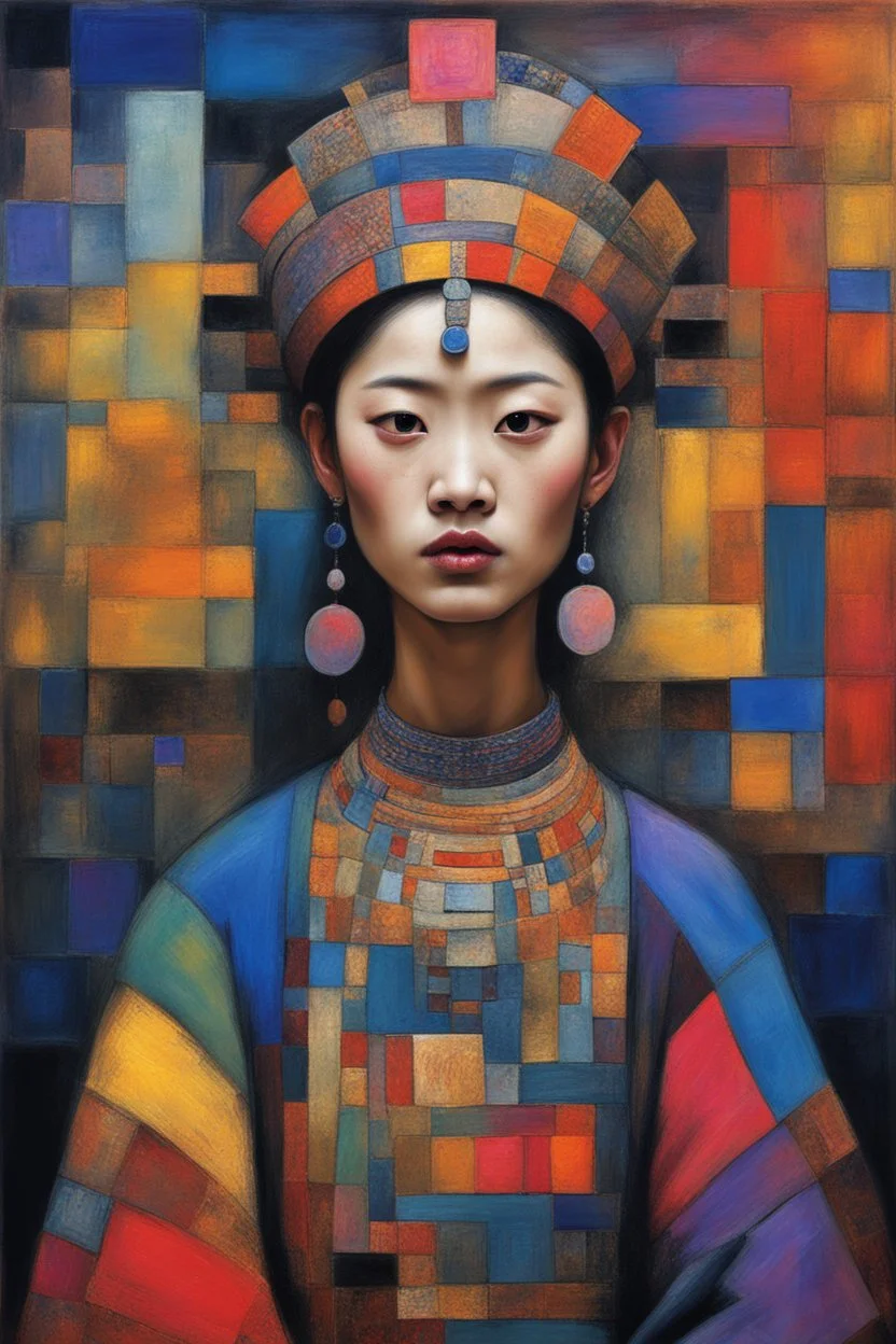 gorgeous portrait of a beautiful ancient princess. “Hmong Textile Patchwork Fashion Model" By Enki Bilal & Paul Klee & Jennifer Lommers & Hans Hartung & Meghan Duncanson & Mark Rothko & Dee Nickerson & Victor Brauner & Didier Lourenço & ∞ Modifiers: no text Colorful Oil On Rainy Night Canvas Unstructured Maximalism Novelty architecture internally decorative Crepuscular Luminosity Hyper-Structured Minimalism show objects in great details and accuracy Legit emotional reactions perfect body coordin