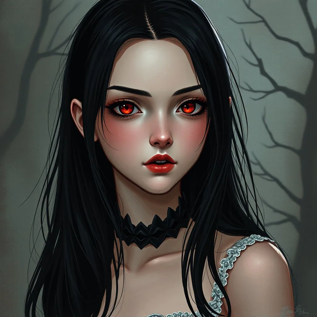 a pretty girl, 14 years old, black hair, red eyes, vampire, realism, stylised, serana